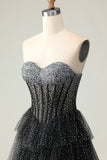 Preto Branco Espartilho Uma Linha Querida Tiered Polka Dots Long Prom Dress com Folhos