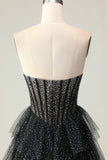 Preto Branco Espartilho Uma Linha Querida Tiered Polka Dots Long Prom Dress com Folhos