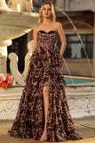Brown Leopard Sweetheart Um vestido de baile longo em camadas com folhos