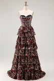 Brown Leopard Sweetheart Um vestido de baile longo em camadas com folhos
