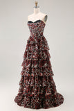 Leopardo marrom Uma linha querida vestido longo de baile com babados