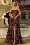 Brown Leopard Sweetheart Um vestido de baile longo em camadas com folhos