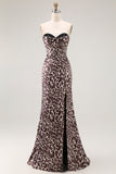 Café Leopardo Sereia Espartilho Sem Alças Vestido Longo Baile de Formatura com Fenda