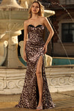 Café Leopardo Sereia Espartilho Sem Alças Vestido Longo Baile de Formatura com Fenda