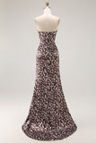 Café Leopardo Sereia Espartilho Sem Alças Vestido Longo Baile de Formatura com Fenda