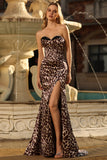 Café Leopardo Sereia Espartilho Sem Alças Vestido Longo Baile de Formatura com Fenda