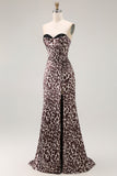 Café Leopardo Sereia Espartilho Sem Alças Vestido Longo Baile de Formatura com Fenda