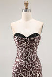 Café Leopardo Sereia Espartilho Sem Alças Vestido Longo Baile de Formatura com Fenda