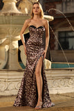 Café Leopardo Sereia Espartilho Sem Alças Vestido Longo Baile de Formatura com Fenda