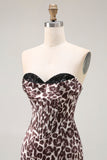 Café Leopardo Sereia Espartilho Sem Alças Vestido Longo Baile de Formatura com Fenda