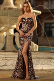 Café Leopardo Sereia Espartilho Sem Alças Vestido Longo Baile de Formatura com Fenda