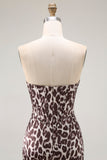 Café Leopardo Sereia Espartilho Sem Alças Vestido Longo Baile de Formatura com Fenda