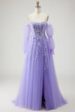 Um vestido de baile de finalistas longo, roxo amovível, sem alças, com mangas e mangas amovíveis, com abertura