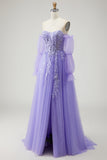 Um vestido de baile de finalistas longo, roxo amovível, sem alças, com mangas e mangas amovíveis, com abertura