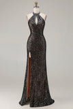 Vestido de baile de finalista longo com abertura preta com lantejoulas, sereia preta brilhante com lantejoulas