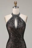 Vestido de baile de finalista longo com abertura preta com lantejoulas, sereia preta brilhante com lantejoulas