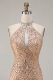 Vestido longo de baile de finalistas com fita de sereia com champanhe e lantejoulas