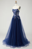 Vestido de Baile Longo Sem Alças em Marinho Brilhante com Lantejoulas