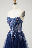 Vestido de Baile Longo Sem Alças em Marinho Brilhante com Lantejoulas