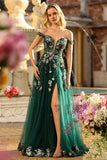 Verde Escuro Corset Aplicado Com Ombros A, Linha Longa, Lantejoulas, Vestido de Baile Longo