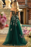 Verde Escuro Corset Aplicado Com Ombros A, Linha Longa, Lantejoulas, Vestido de Baile Longo