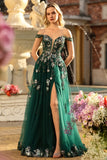 Verde Escuro Corset Aplicado Com Ombros A, Linha Longa, Lantejoulas, Vestido de Baile Longo