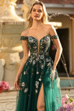 Verde Escuro Corset Aplicado Com Ombros A, Linha Longa, Lantejoulas, Vestido de Baile Longo