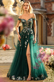 Verde Escuro Corset Aplicado Com Ombros A, Linha Longa, Lantejoulas, Vestido de Baile Longo