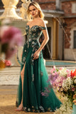 Verde Escuro Corset Aplicado Com Ombros A, Linha Longa, Lantejoulas, Vestido de Baile Longo