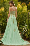 Espartilho verde com missangas, renda nas costas, vestido de baile comprido com lantejoulas