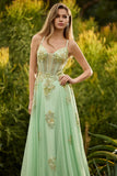 Espartilho verde com missangas, renda nas costas, vestido de baile comprido com lantejoulas