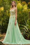 Espartilho verde com missangas, renda nas costas, vestido de baile comprido com lantejoulas