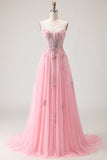 Corset cor-de-rosa Linha A, lantejoulas aplicadas, vestido de baile comprido com renda nas costas