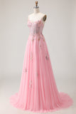 Corset cor-de-rosa Linha A, lantejoulas aplicadas, vestido de baile comprido com renda nas costas