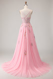Corset cor-de-rosa Linha A, lantejoulas aplicadas, vestido de baile comprido com renda nas costas