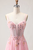 Corset cor-de-rosa Linha A, lantejoulas aplicadas, vestido de baile comprido com renda nas costas