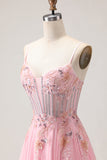 Corset cor-de-rosa Linha A, lantejoulas aplicadas, vestido de baile comprido com renda nas costas