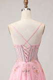 Corset cor-de-rosa Linha A, lantejoulas aplicadas, vestido de baile comprido com renda nas costas