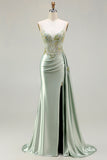 Vestido longo de baile de baile de cetim aplicado com espartilhos de sereia cor-de-rosa e fenda