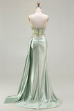 Vestido longo de baile de baile de cetim aplicado com espartilhos de sereia cor-de-rosa e fenda