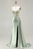 Vestido longo de baile de baile de cetim aplicado com espartilhos de sereia cor-de-rosa e fenda