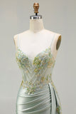 Vestido longo de baile de baile de cetim aplicado com espartilhos de sereia cor-de-rosa e fenda