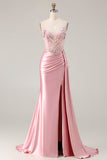 Vestido longo de baile de baile de cetim aplicado com espartilhos de sereia cor-de-rosa e fenda