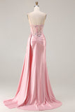 Vestido longo de baile de baile de cetim aplicado com espartilhos de sereia cor-de-rosa e fenda