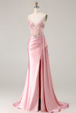 Vestido longo de baile de baile de cetim aplicado com espartilhos de sereia cor-de-rosa e fenda