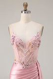 Vestido longo de baile de baile de cetim aplicado com espartilhos de sereia cor-de-rosa e fenda