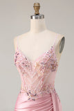 Vestido longo de baile de baile de cetim aplicado com espartilhos de sereia cor-de-rosa e fenda