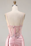 Vestido longo de baile de baile de cetim aplicado com espartilhos de sereia cor-de-rosa e fenda