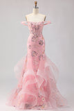 Vestido longo de baile de baile de sereia com contas e tons de ombro descoberto, com folhos
