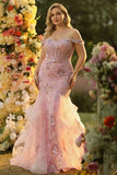 Vestido longo de baile de baile de sereia com contas e tons de ombro descoberto, com folhos
